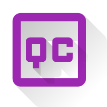 violetti "QC" kuvake varjostuksella valkoisella pohjalla