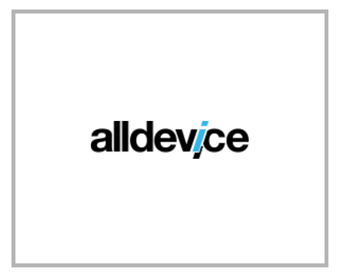 AllDevIce'i logo musta tekstiga ja sinise aktsendiga tähe 'i' peal.