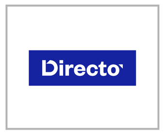 Directo logo valgel taustal, teksti taga on tumesinine ristkülik.