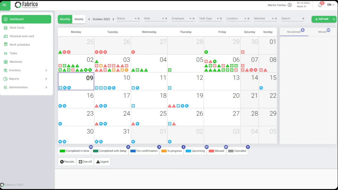 Fabrico maintenance calendar with periodic, one-off and urgent maintenance tasks planned by day