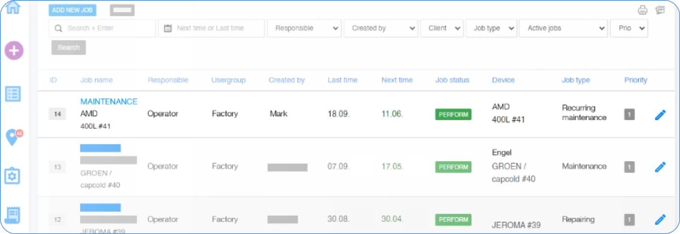 GlobalReader Maintenance module job list with recurring preventive maintenance and repair tasks per machine
