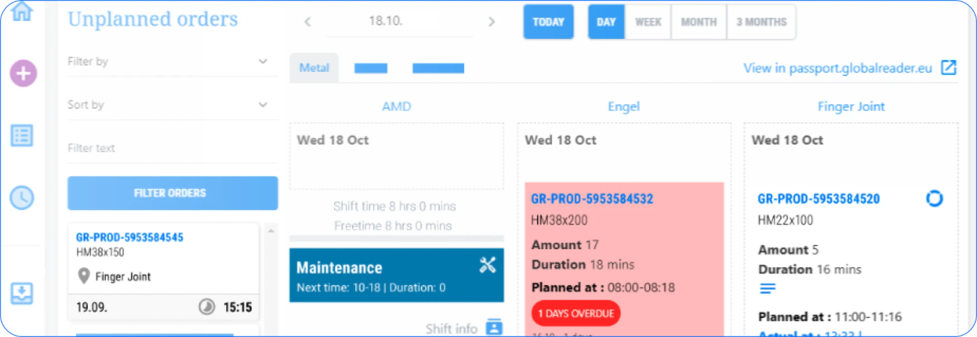 GlobalReader Planner showing production orders scheduled per machine, with an overdue order and a planned maintenance slot
