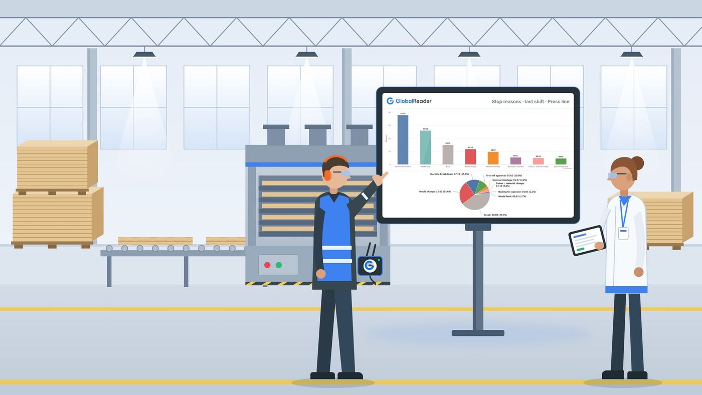 Quality manager reviewing shop floor stop reasons on a production line screen ahead of an ISO 9001:2026 audit