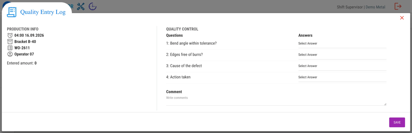 Quality Entry Log popup in the GlobalReader Operator app: production info for work order WO-2611 and four quality questions with answer fields and a comment box
